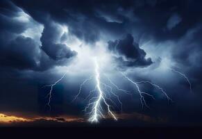 Blitz Streiks auf ein wolkig dramatisch stürmisch Himmel. ai generiert foto