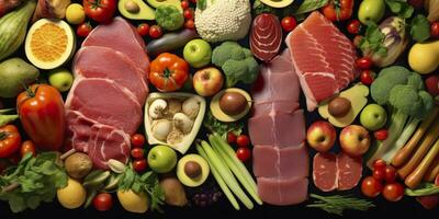 anders Typen von Fleisch, Gemüse, und Früchte legen im Supermärkte. generativ ai foto