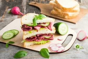 doppelt Sandwich mit Pastrami und frisch Gemüse und Kräuter auf ein Schneiden Tafel. amerikanisch Snack. rustikal Stil foto