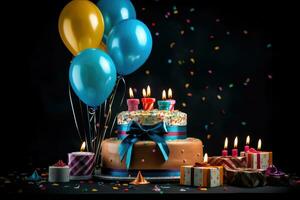 Geburtstag Kuchen mit Kerzen und Luftballons auf schwarz Hintergrund mit Konfetti, Geburtstag Kuchen mit Kerzen, Geschenke, und bunt Luftballons auf schwarz Hintergrund, ai generiert foto