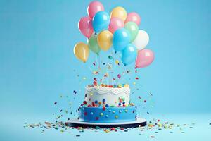 Geburtstag Kuchen mit bunt Luftballons und Konfetti auf Blau Hintergrund. Geburtstag Kuchen mit bunt Luftballons und Konfetti auf Blau Hintergrund, ai generiert foto