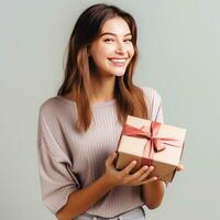 Mädchen mit ein Geschenk auf ein Licht Hintergrund foto