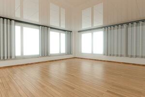 leeren Zimmer und hölzern Fußboden mit Weiß Hintergrund, 3d Wiedergabe. foto