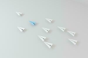 Blau Papier Flugzeug Weiß Einsen auf Weiß Hintergrund, 3d Wiedergabe. foto
