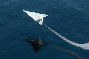 Jet Papier Flugzeug fliegen Über das Ozean, 3d Wiedergabe. foto