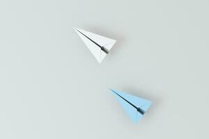 Weiß Papier Flugzeug mit Blau Papier Ebene, 3d Wiedergabe. foto