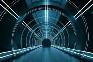dunkel runden Tunnel mit glühend Neon- Beleuchtung, 3d Wiedergabe. foto