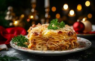 Nahansicht von ein köstlich heiß Lasagne mit Weihnachten Dekor auf ein Licht Hintergrund. es ist ein traditionell Italienisch Gericht gemacht mit hausgemacht Pasta. foto