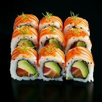 japanisch genial Essen Sushi rollen maki von Lachs und Avocado. foto