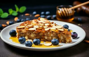 gebacken Haferflocken Kuchen mit Blaubeeren, Erdnuss Butter, und roh Honig serviert auf ein Weiß Platte. diese hausgemacht, gesund, Vegetarier Dessert ist perfekt zum jene Aufpassen ihr Diät. foto