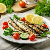 frisch gegrillt Sardinen serviert mit frisch Tomaten, Gurken Scheiben und Zitrone auf Weiß Teller zum Mittelmeer gesund Mahlzeit foto