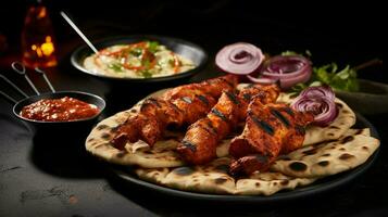 traditionell Bangladesch gereizt Essen Hähnchen Tandoori und Tikka mit Knoblauch Naan. foto