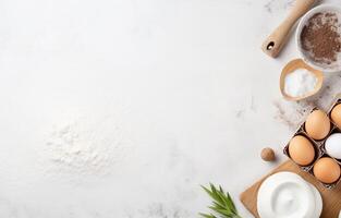 Backen Hintergrund. Kochen Zutaten zum Teig, Eier, Mehl, Zucker, Butter, rollen Stift auf Weiß Stil Küche generativ ai foto