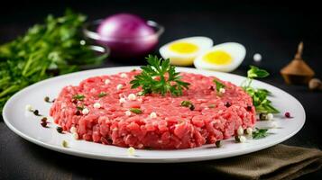 lecker Steak Tartar roh Rindfleisch - - klassisch Steak Tartar auf Weiß Teller genial Hintergrund. foto