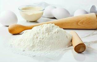 Backen Zutaten einschließlich Teig, Eier, Mehl, Zucker, und Butter mit ein rollen Stift auf ein Weiß Küche Hintergrund. foto