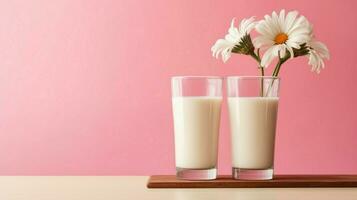 zwei Glas von Milch mit Blume auf ein hölzern Tabelle im ein Rosa Hintergrund, nahrhaft und gesund Molkerei Produkte Konzept. foto