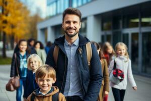 Schule Lehrer und Kinder im Schule Gang foto