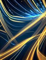 Daten Transfer Technologie Konzept mit Gold Blau glühend Neon- ziehen um hoch Geschwindigkeit Welle Linien. generativ ai foto