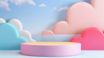 3d Rendern Podium Kind Stil, bunt Hintergrund, Wolken und Wetter mit leeren Raum zum Kinder oder Baby Produkt. hell Farben. foto