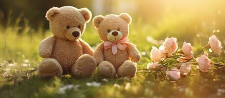 Paar Teddy Bären umarmen Blumen Garten Grün Gras, Valentinstag Tag Konzept. generativ ai foto