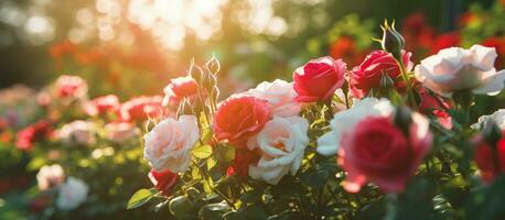 rot Rose Blume im das Garten und Sonnenlicht mit Bokeh, generativ ai foto