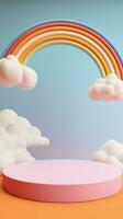 3d Rendern Podium Kind Stil, bunt Hintergrund, Wolken und Wetter mit leeren Raum zum Kinder oder Baby Produkt. hell Farben. foto