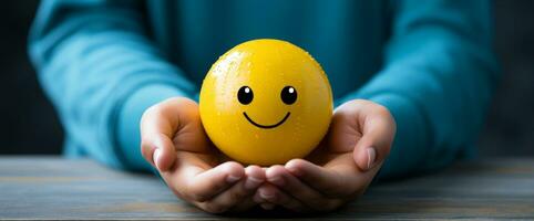 Smiley Gesicht Ball halten durch Hand mit Blau Kleid foto