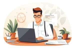 Mann mit Brille Arbeiten auf Schreibtisch im Büro foto