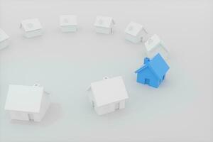 ein klein Blau Haus Modell- neben das Weiß Häuser, 3d Wiedergabe. foto