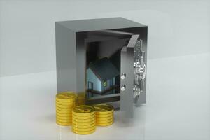 das klein Haus Modell- neben das golden Münzen, 3d Wiedergabe. foto