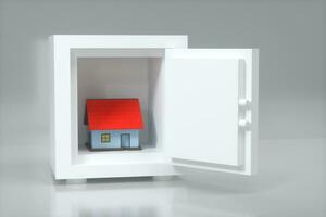 das klein Haus Modell- im das sicher Kasten, 3d Wiedergabe. foto