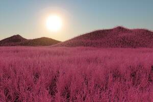 Gras Feld und Berge mit hell Hintergrund, 3d Wiedergabe. foto