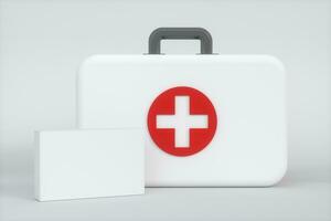 medizinisch Kit und Notfall medizinisch Ausrüstung mit Weiß Hintergrund, 3d Wiedergabe. foto