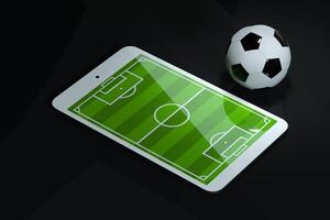 das Fußball im das Fußball Feld auf das Pad, virtuell Wirklichkeit, 3d Wiedergabe. foto