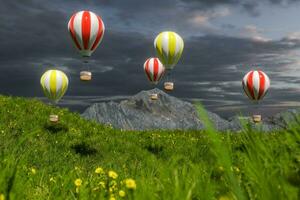 fliegend heiße Luft Ballon Über das Gras Feld, 3d Wiedergabe. foto