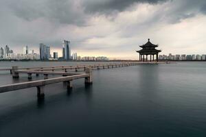 Stadt Landschaft um das See im Suzhou, China. foto