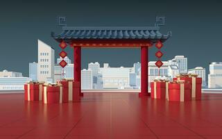 Chinesisch Tor mit Weiß Modell- Stadt, Übersetzen Segen, 3d Wiedergabe. foto