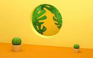 Monstera und Kaktus mit Gelb Hintergrund, 3d Wiedergabe. foto