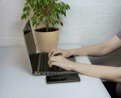 Hände Arbeiten beim ein Laptop beim ein Schreibtisch im das Büro, Nahansicht foto