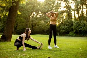 zwei ziemlich jung Frauen Dehnen im das Park foto