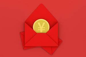 rot Paket mit golden Münze innen, rot Hintergrund, festlich Thema, 3d Rendern foto