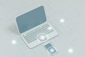 Laptop und Telefon mit Weiß Hintergrund, technologisch Konzept, 3d Wiedergabe. foto