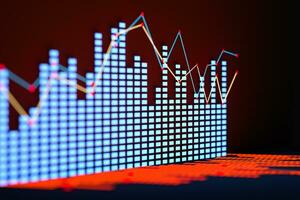 Geschäft Diagramm mit Linie Graph, Bar Diagramm und Zahlen auf dunkel Hintergrund, 3d Rendern foto