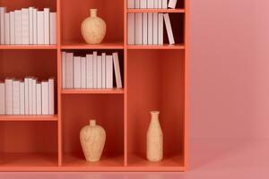 Kabinett mit Bücher und Vasen Innerhalb im das leeren Neu Haus, 3d Wiedergabe. foto