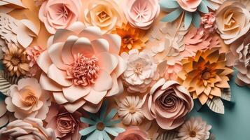 bunt Papier Blumen Hintergrund, Frühling Sommer- Hintergrund, Blumen- Strauß isoliert auf Weiss, beschwingt Farben, Minze Rosa Orange Gelb ai generativ foto