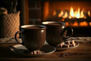 zwei Tassen von heiß Schokolade im Vorderseite von Kamin, ai generativ foto