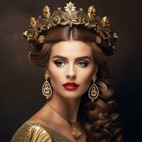 bringen zu Leben ein fesselnd Bild von ein Frau mit ein geflochten Krone Frisur, ausströmend Eleganz und Anmut, generativ ai. foto