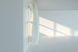 ein leeren Zimmer mit Sonnenschein Kommen Sie durch das Vorhang, 3d Wiedergabe. foto