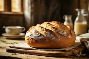 Essen Fotografie von ein Laib von frisch gebacken hausgemacht brot, ausströmend Wärme und Komfort auf ein rustikal hölzern Tisch. foto