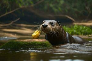 ein Riese Fluss Otter Fütterung im es ist natürlich Lebensraum im das pantanal Region von Brasilien. foto